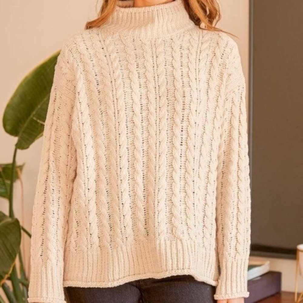 NWT Lulu's Beige Cable Knit Oversized Chunky Turtleneck Sweater Size XS - Picture 2 of 11